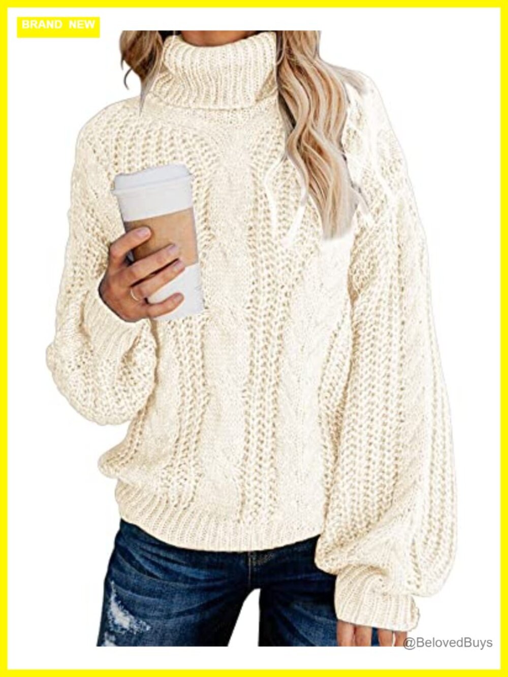 Oversized Chunky Turtleneck Sweater Slouchy Pullover Puff Sleeve Winter